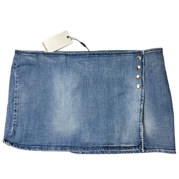 RETROFETE Kayden Denim Micro Mini Skirt Sea Blue Two Button Snap Size XL NEW - Picture 7 of 11